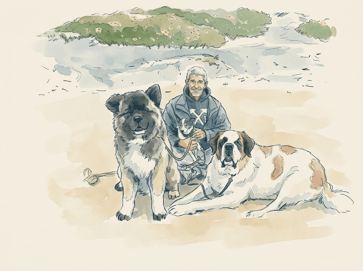 Ink and watercolor illustration of Bob at Ocean Beach with his three dogs