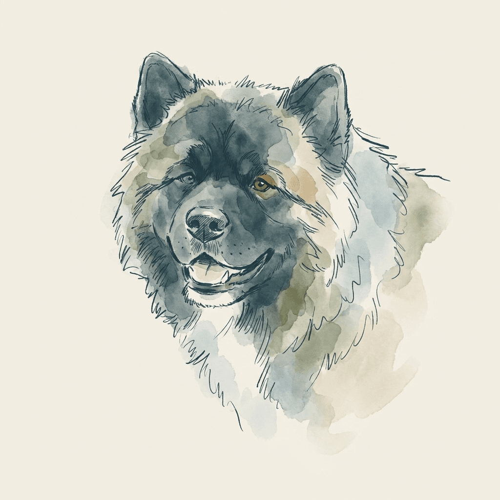 Ink and watercolor portrait of Chewbacca, American Akita